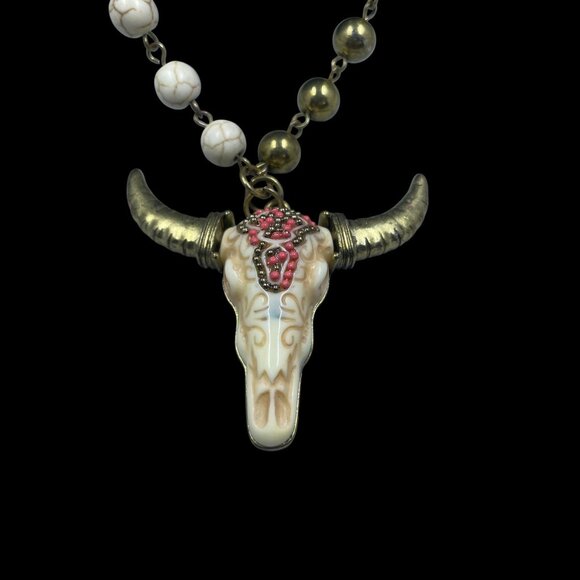 Shyanne Long Beaded Bull Skull Necklace Western Boho Cowgirl Country Rodeo Style - Picture 2 of 6